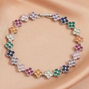 Silver Rainbow Flower Tennis Bracelet Colorful Crystal Bracelet